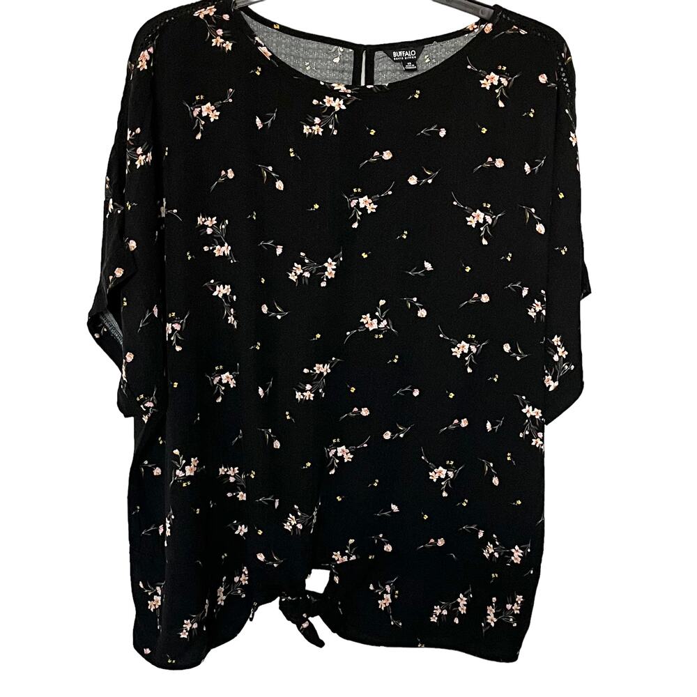 BUFFALO DAVID BITTON CAP SLEEVE BLOUSE, WOMEN, 3X, BLACK W/PINK & YELLOW FLOWERS